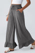Pull On Elastic High Waist Drawstring Pocket Ruffle Hem Wide Leg Pants